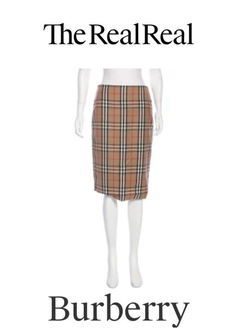 Burberry Beige Plaid Wool Pencil Skirt with Black and Red Windowpane